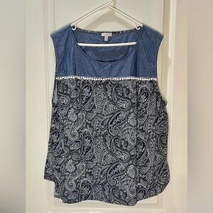 Talbots Blue and White Sleeveless Top with Fringe Detail 100% Cotton Size 3X